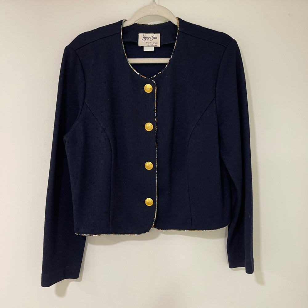 Jeffrey & Dara Knit Jacket Women 12 Navy Blue Gold Crest Buttons | Dark Academia